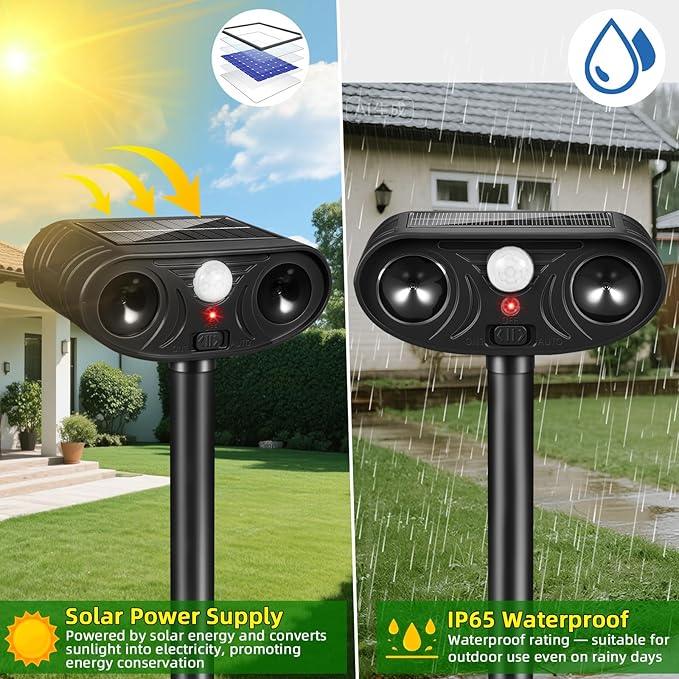 2026 Upgraded Solar Ultrasonic Animal Repellent, 2 Pack IP65 Waterproof Sonic Deer Deterrent, Motion Activated Outdoor Repeller to Keep Cats, Squirrels, Raccoons, Skunks & Dogs Away from Garden, Yard