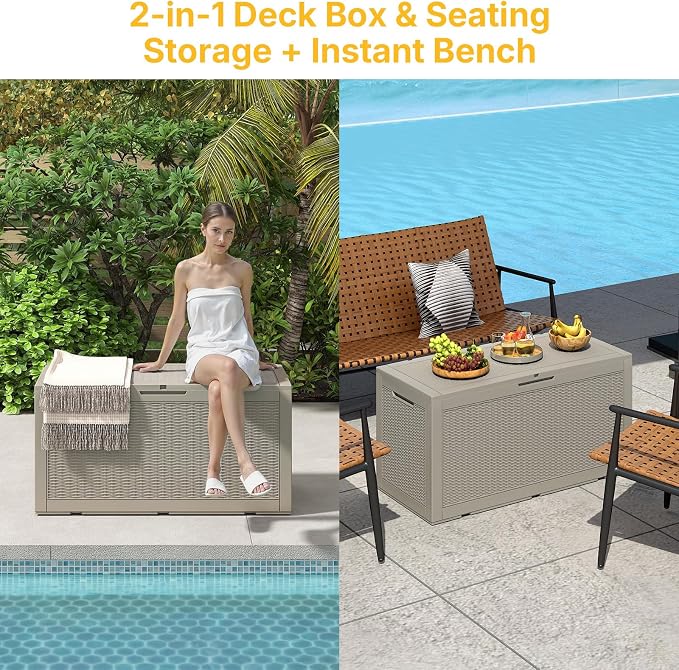 Skepphlay 100 Gallon Deck Box Outdoor Waterproof, Rattan Outdoor Storage Box, Patio Storage Boxes for Cushions, Pillow, Garden Tools, Equipment