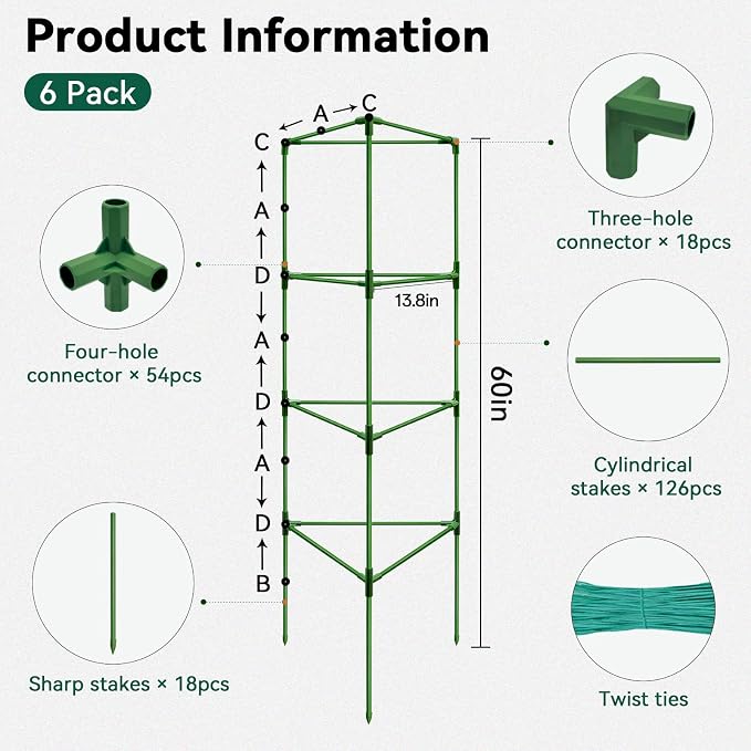 Halatool 6 Pack Tomato Cages for Graden 60 Inch, Adjustable Metal Tall Heavy Duty Tomato Trellis Plant Support, Tomatoes Stakes for Climbing Vegetables Flowers Fruits