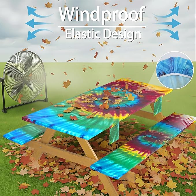 Fitted Waterproof Picnic Table Cover with Bench Covers Elastic 96×30In 3 Piece Camping Table Cloth for 8Ft Rectangle Tables Outdoor Camper Gifts Supplies Patio Rv Traveling Hiking Must Haves
