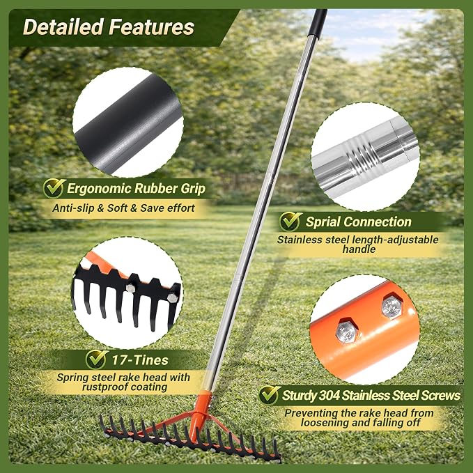 Garden Rake 17 Tempered Spring Steel Tines Heavy Duty Rake for Lawns Bow Rakes Metal Rakes with 62 Inch Stainless Steel Adjustable Long Handle for Loosening Soil Yard Work