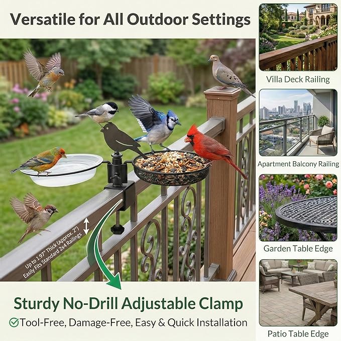 Deck Bird Feeder & Bird Bath for Balcony Railing, No-Drill Clamp Fits up to 2"/5cm – Heavy-Duty Metal Mesh Tray, Windproof Locking Water Bowl, Wild Bird Feeding Station with Cleaning Brush