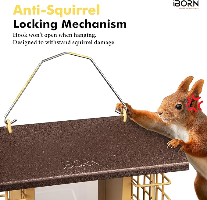 iBorn Bird Feeders for Outdoors,Bird Feeder with Double Suet Holders,Suet Feeder for Outside,Weatherproof Metal Roof,Easy to Refill&Clean,3.2 LBs Seed Capacity+2X Cake,1 Pack,Coffee Roof & Yellow Grid