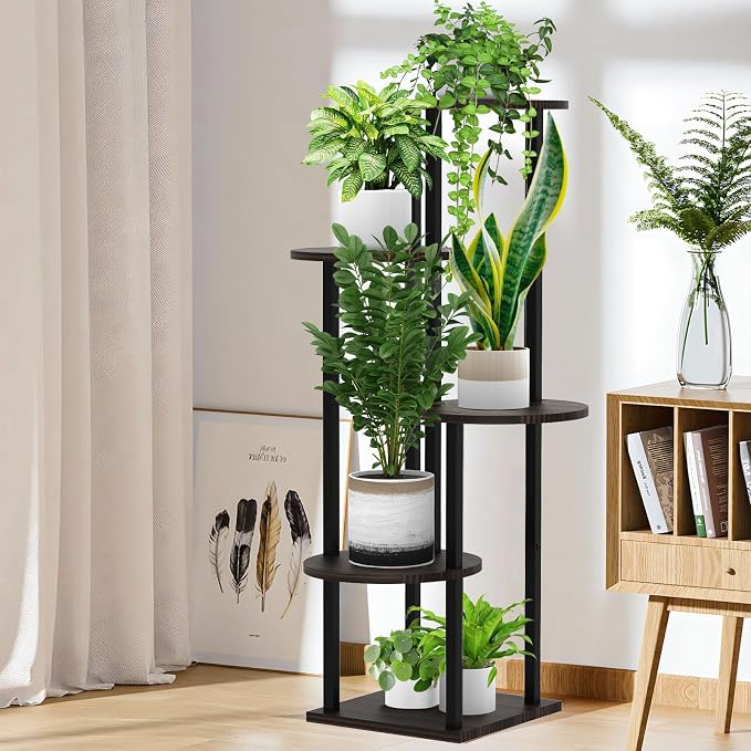 5 Tier Wood Tall Plant Stand Metal Rack Indoor, Multiple Flower Pot Holder Shelves Corner Rack, Round Planter Shelf Display Rack Storage Organizer for Patio Living Room Balcony(Black+Oak)