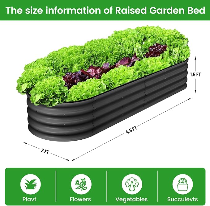 GarveeLife 2 Pcs 4.5x2x1.5ft Oval Raised Garden Bed,Galvanized Raised Beds,Open-Ended Base Metal Raised Planter Beds,Garden Bed Outdoor,Planter Raised Boxes for Vegetables, Flowers,Tool-Free Asse,Gray