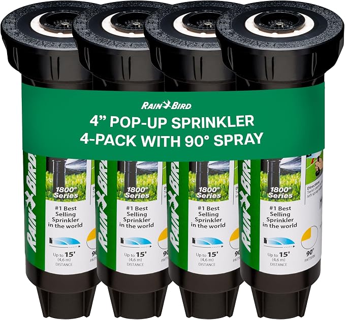 Rain Bird 1804QDPRS Pressure Regulated 1800 Series Dual Spray 4 in Pop Up Sprinkler Head, 4 Pack -Water Efficient Lawn Sprinkler with 90 Degree Quarter Pattern, 1/2 in NPT, Up to 15 Ft Spray Distance