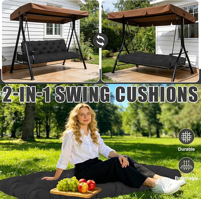 Porch Swing Cushions 48 inch Waterproof & Fade Resistant Thicken 5" Outdoor Swing Cushions 2 Seater Replacement with Backrest & Ties Patio Swing Cushions for Outdoor Furniture (Black)