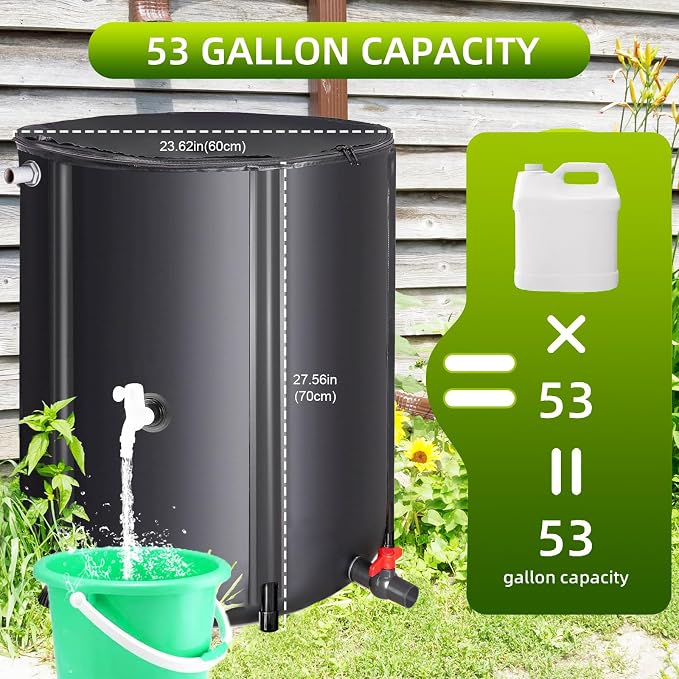 Eco-Friendly Rain Barrel – Efficient Rainwater Collection System with Spigot and Hose – Perfect for Garden Watering and Water Storage – 52 Gallon Portable Water Tank