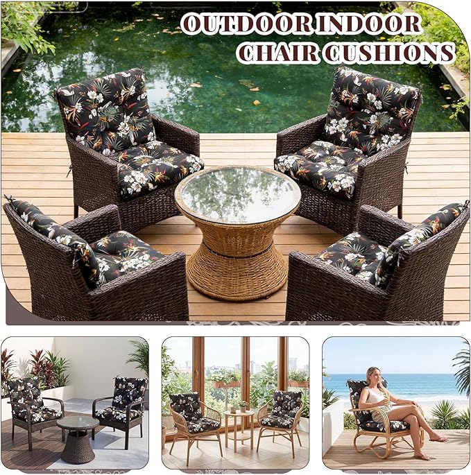 Marsui 4 Pcs Outdoor Indoor High Back Chair Cushions Patio Furniture Tufted Pillow with Ties Water-Resistant Replacement Outdoor Rocking Chair Cushions, 42 x 21 Inches (Black,Plants)