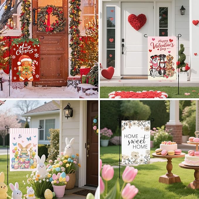 Seasonal Garden Flags Set of 12 Double Sided 12 x 18 Inch, Small Yard Flags for Outside, Christmas Halloween Easter Outdoor Decoration, Holiday Decorative Garden Flags Yard
