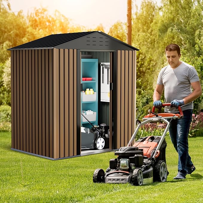 Large Metal Storage Shed, 6 x 4 FT Outdoor Storage Shed, Metal Garden Tool Shed with Roof, Door & Lock, Waterproof and Anti-UV, for Patio Garden Yard, Brown