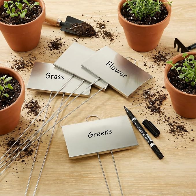 Landhoow 12 Pcs Large Garden Plant Markers Metal Plant Labels Sign 5'' x 3'' with 21'' Stake Weatherproof Waterproof Garden Sign for Outdoor Seedlings Herbs Vegetable Greenhouse, Silver
