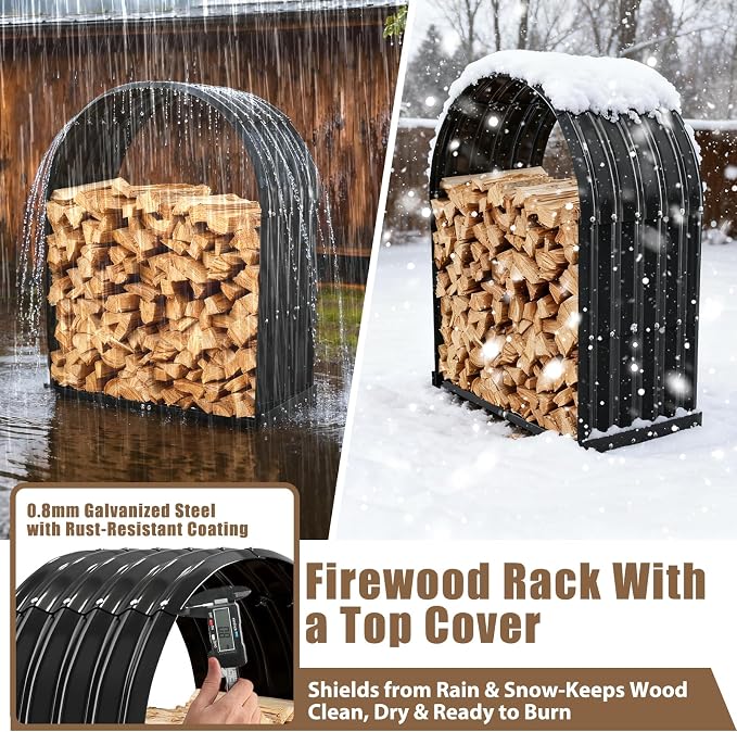 TBMLC Heavy-Duty Black Firewood Storage Shed – Metal Log Holder with 32" Round Roof – Outdoor Wood Rack for Patio, Deck & Fireplace – Weatherproof Lumber Stand for Firewood (2.7FT Diameter Roof)