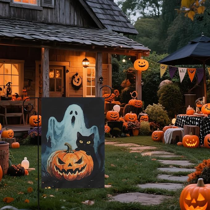 Scary Ghost Pumpkin Halloween Garden Flag 12x18 Inch Black Cat Halloween Theme Holiday Decorative Yard Flags for Outside Double Sided Outdoor Home Farmhouse Decoration Porch Decor