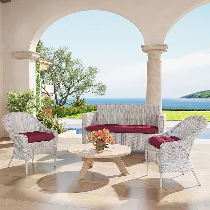 Outdoor Chair Cushions Set of 2, 19x19x4 Inch Seat Pads with Ties for Patio Wicker Chairs Garden Dining Chair, Indoor Outside Use, Fade-Resistant & Waterproof, Burgundy