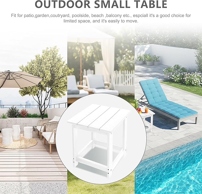 LZRS Square Patio Side Table, Heavy Duty HDPE Outdoor End Table with Wood Texture, Weatherproof Composite Table for Adirondack Chairs, Deck, Pool, Indoor/Outdoor, No Peeling or Cracking(White)