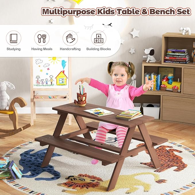 HONEY JOY Kids Picnic Table, Toddler Outdoor Table & Bench Set, Wooden Children Patio Furniture with Folding Umbrella, Kids Picnic Tables for Outdoors, Gift for Boys Girls