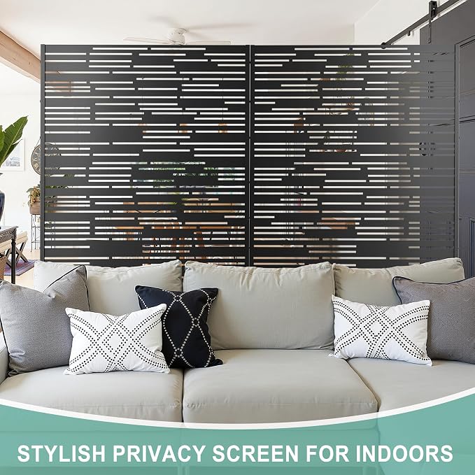Metal Privacy Screen for Outdoor & Indoor Use, Free Standing Privacy Screen for Patio Garden Pool, 72" H x 47" W Decoative Privacy Panels, Weather Resistant, Easy Assembly (Black Shine)