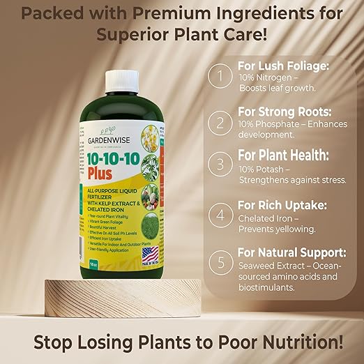 GARDENWISE 10-10-10 All Purpose Plant Food - Liquid Fertilizer with Seaweed Kelp & Iron - Indoor & Outdoor Plant Food, Vegetables, Flowers, Lawn & Garden 1x32oz