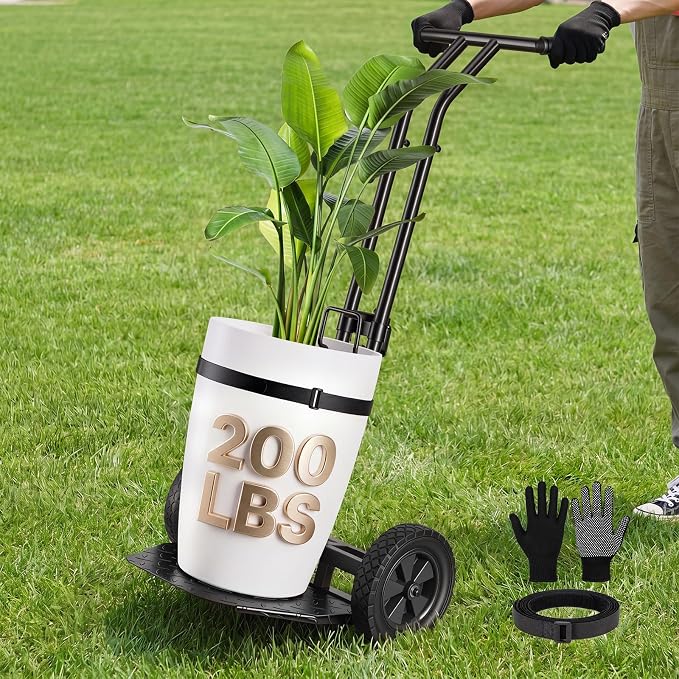 Brightown-Plant-Caddy-with-Wheels Heavy Duty, Ergonomic Plant Dolly for Elderly Gardeners with Adjustable Grabbing Arm,200 Lbs Capacity,All-Terrain Wheels,with Strap & Gloves for Indoor Outdoor, Black | Plant Caddy with Wheels Heavy Duty, 200 Lbs Capac...