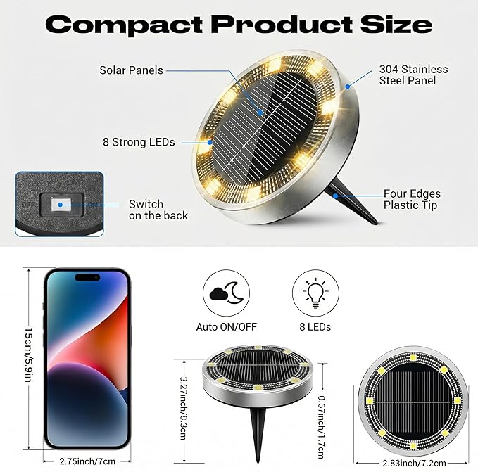 Peasur Mini Solar Ground Lights Outdoor, 4 Pack Flat Solar Powered Disc Lights, IP68 Waterproof, Anti-Rust, Landscape Lighting for Pathway Garden Yard Lawn Walkway Landscape Driveway, Warm White