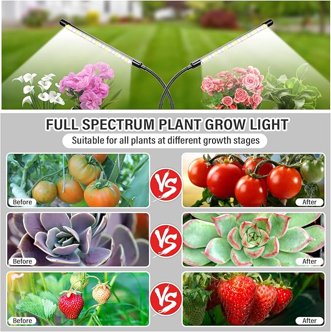 bseah Plant Grow Light for Indoor Plants, Full Spectrum Indoor Grow Light, 10-Level Dimmable and Auto ON & Off Timer (2 Head 2 Pack)