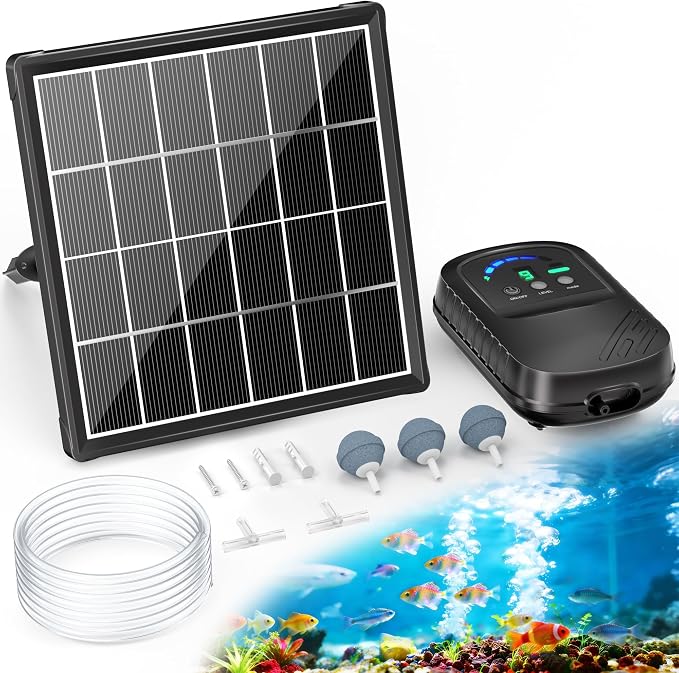 POPOSOAP Solar Pond Aerator with Digital Display, Solar Air Pump 7/24H Oxygen Supply with Battery, 9 Adjustable Mode Oxygen Pump for Fish Pond, Koi Pond, Aquarium & Fishing Tank-P9325