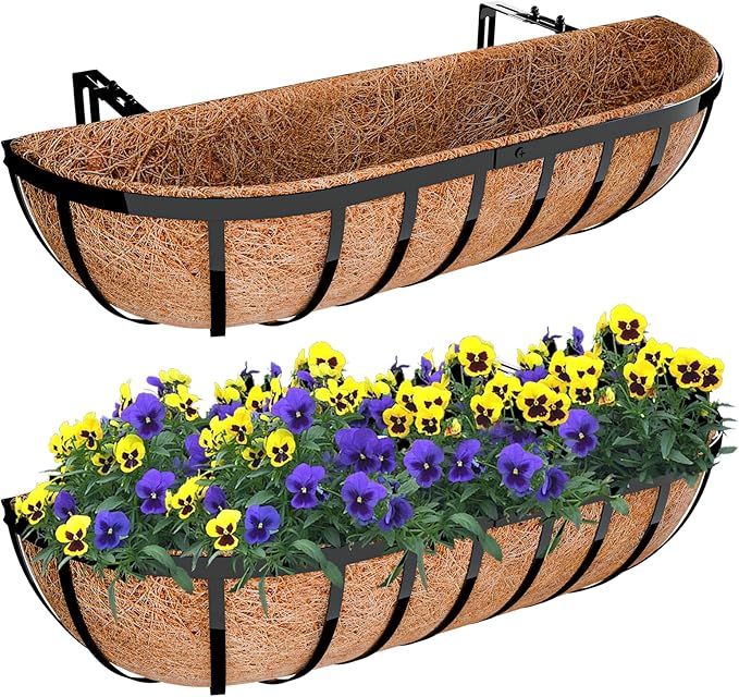Halatool 24 Inch Heavy-Duty Metal Deck Railing Planter Box, 2 Pack Rust-Resistant Window Boxes Planters with Coco Liner & Adjustable Brackets, Grow More On Your Balcony, Patio & Fence