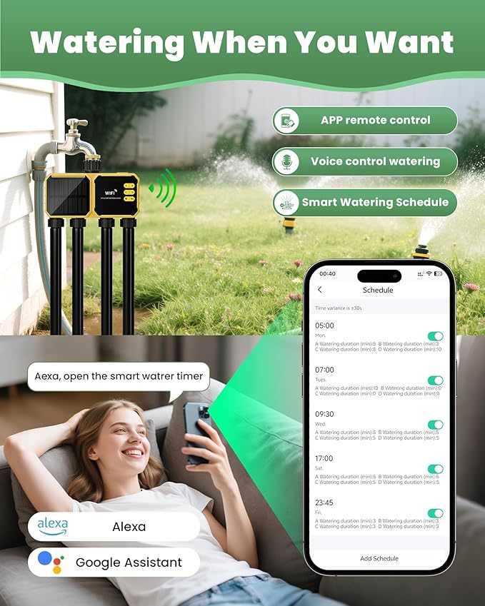 4 Zone Solar WiFi Sprinkler Timer, Smart Water Timer for Garden Hose 4 Outlets with Rain Delay/Automatic/Manual Watering System for Lawn Yard, APP Remote Voice Control Via 2.4Ghz WiFi No Need Hub