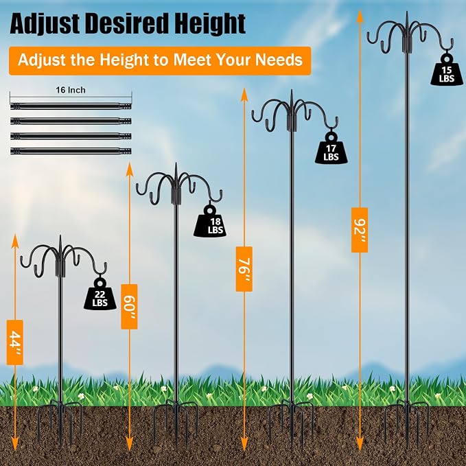 FEED GARDEN Heavy Duty Shepherds Hook 2 Pack 92" Four Hooks Adjustable (44/60/76/92") - Metal 5-Prong Base, 17lb Capacity - Easy Assembly Bird Feeder Pole for Hanging Planters, Lanterns, Wind Chimes