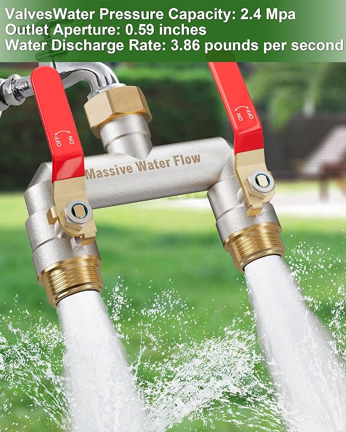 Hose Splitter 2 Way Heavy Duty, Garden Hose Splitter with 304 Stainless Steel Long Handle, Full Flow Brass Nickel Plated Water Hose T Spigot Splitter Adapter Connector, 3/4 - Inch GHT Thread (Red)