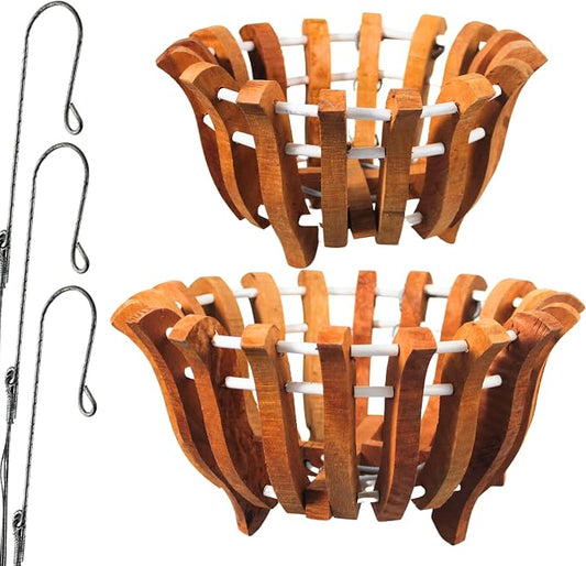 2 Rustic Specialist Orchid Baskets with Hangers for Outdoors, Lotus Flower Shape, 1 is 10 Inches Wide, 1 is 8 Inches, Orchid Tree Hanger