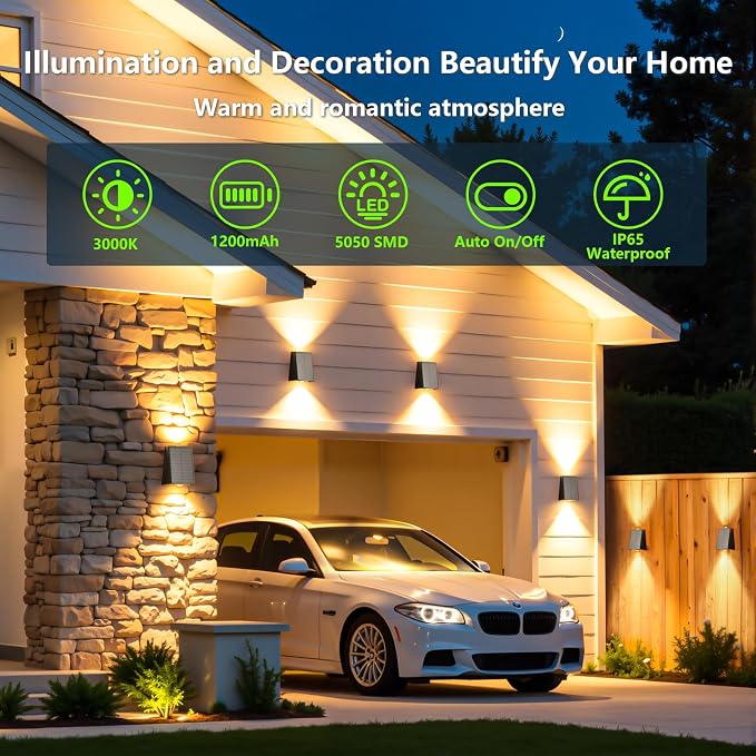 12Pack Solar Wall Lights Outdoor Waterproof Up and Down 2 LED Fence Sconce for House, Patio, Porch, Yard, Garden, Garage and Pool for Security and Decorative Lighting, Wall Mounted Install(Warm White)