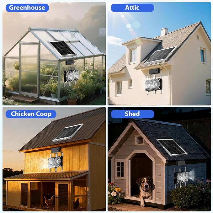 Solar Fan with Battery, 5.5" Solar Fan for Greenhouse & Chicken Coop, Rechargeable Solar Fans for Outside, Solar Powered Exhuast Fans for Outdoor Doghouse Shed Circulation Ventilation Cooling