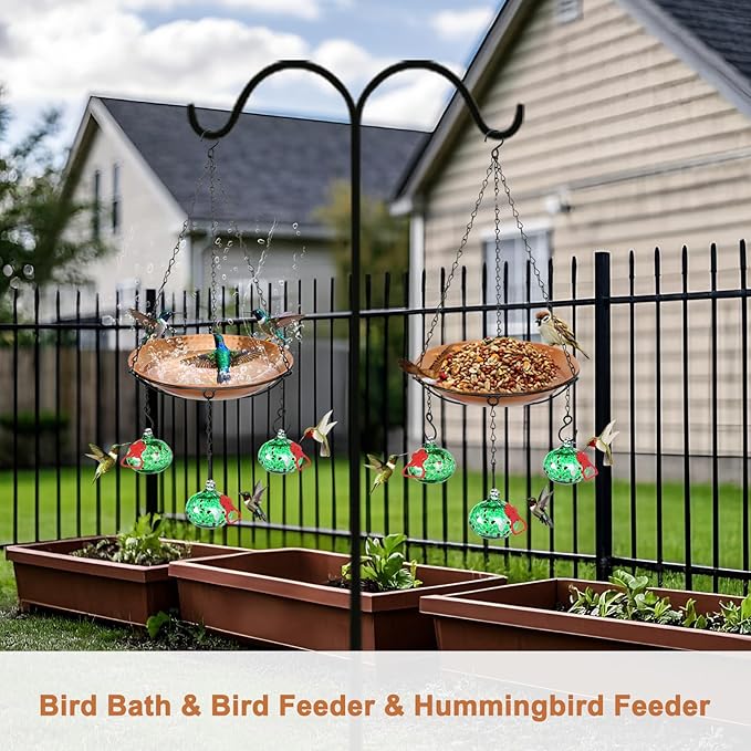 Wind Chimes Hanging Bird Feeders for Outdoors ＆ Bird Bath ＆ Hummingbird Feeders for Outdoors 3-in-1,Hand Blown Glass Hummingbird Feeder Balls,Detachable BirdBath(11in) Green-Chains
