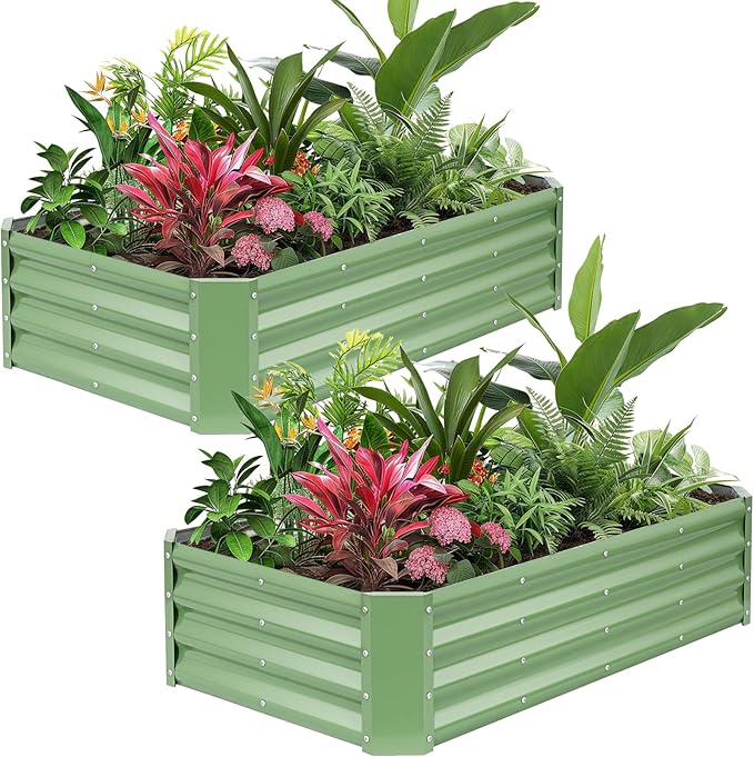 Galvanized Raised Garden Bed Kits, 2 Pack Metal Planter Box Outdoor, 4x2x1ft Rectangular Steel Planter Bed for Vegetables, Fruits, Flowers, Herbs(Olive Green)