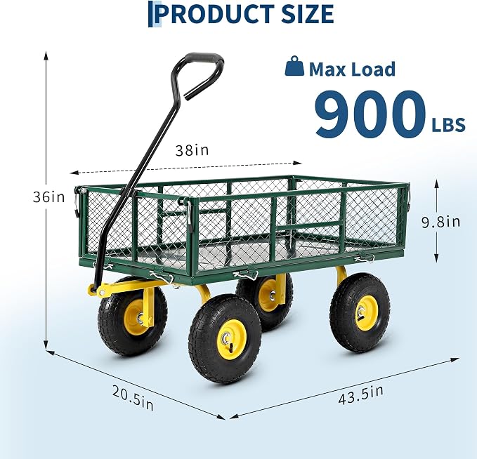 900 Lb Capacity Heavy Duty Steel Garden Cart – 2-in-1 Utility Wagon with Removable Mesh Sides, 10" All-Terrain Tires, Flatbed Conversion, 180° Rotating Handle – Perfect for Lawn, Garden & Backyard