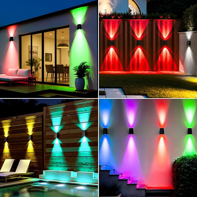 12Pack Color Changing Solar Wall Lights Outdoor Waterproof Up and Down 2 LED RGB and Cool White Sconce, Decor for Fence, Stair, House, Patio, Porch, Yard, Garden, Garage and Pool, Wall Mounted Install