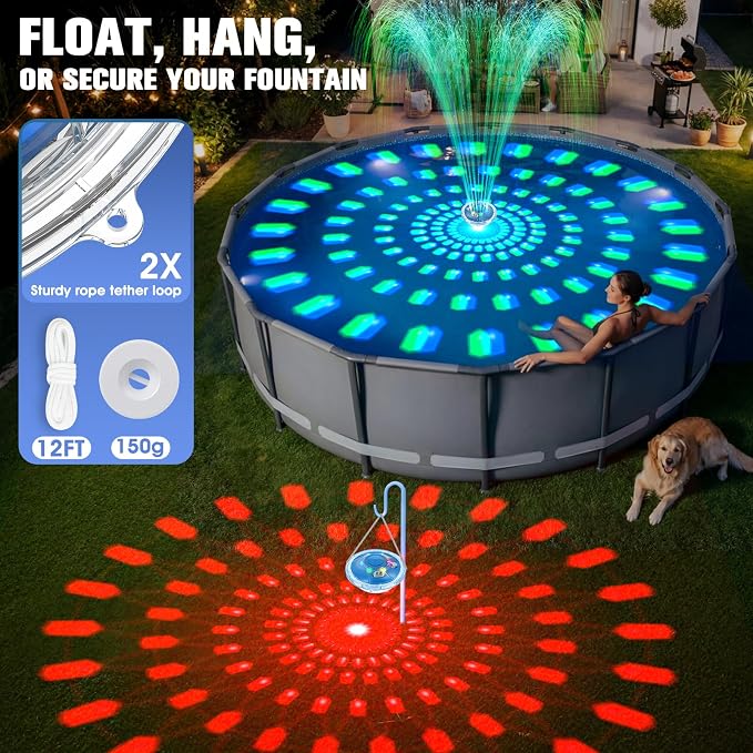 8000mAh Rechargeable Pool Fountain with Lights,2026 Floating Pool Fountain for Above Ground Pool Water Fountain Pump with Anchor,Upgraded Swimming Pool Fountain Floating Pump for Pool Pond-Light Blue