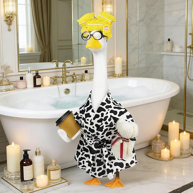 Lady Porch Goose Outfits,Bathrobe Porch Goose Statue Costume with Curlers Reading Glasses Coffee Cup Towel,Cute Goose Clothes for 23-Inch Cement Statue,Lawn Yard Garden Patio Decor（Cow Print）