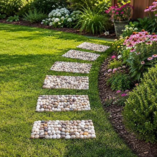 Qualdout River Rocks Stepping Stones Pavers Outdoor for Garden Walkway, Pebbles Polished Gravel for Yard Lawn Patio Pathway Landscaping, 6PCS (Rectangle)