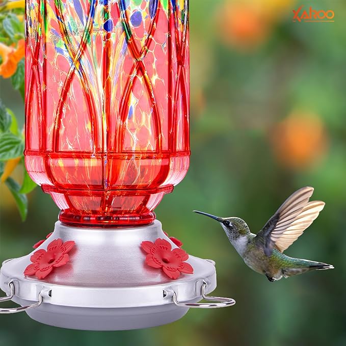 Hummingbird Feeders for Outdoors with Ant Moat, Hand Blown Glass Hummingbird Feeder, 4 Feeding Ports with Perch, Outdoor Garden Décor, 15 OZ, Red, Gifts for Mom Wife Dad Men Women