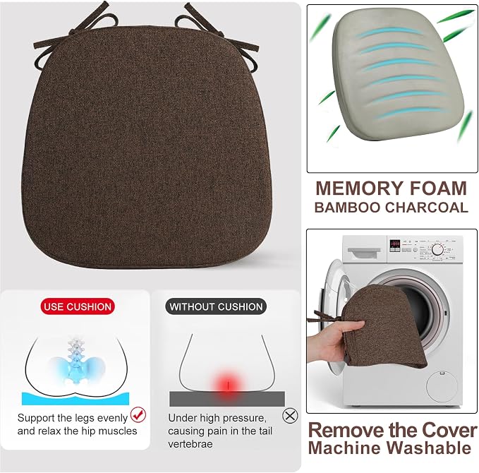 SINOSSO 6 Pack Memory Foam Chair Cushions for Dining Chairs, Friendly Woven Fabric 16" U-Shape Comfortable Kitchen Chair Pads, Removable Slip Resistant Seat Cushions (Set of 6, Dark Brown)