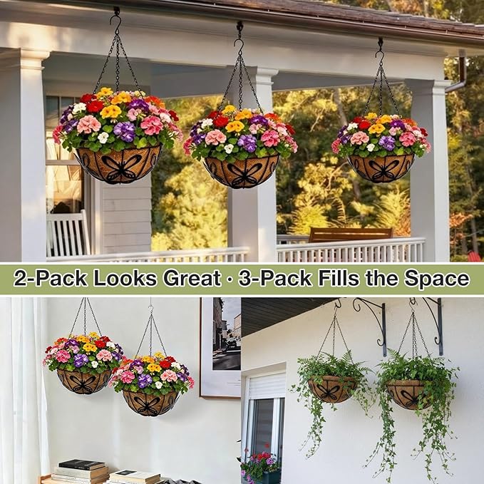 14 Inch Hanging Baskets for Plants Outdoor, 2 Pack Metal Wire Hanging Planters with Coco Coir Liners, Rust-Resistant Flower Basket with Chains & Hooks for Garden Patio Porch Deck Balcony