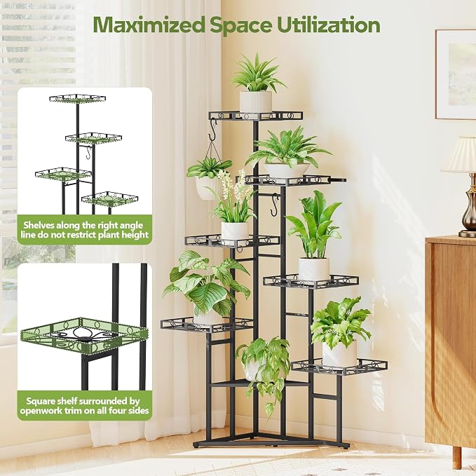 Quikraen 46" Tall Plant Stand Indoor,Multiple Tiers Corner Plant Shelf for Corner,7-Tier Large Metal Flower Holder, Plant Rack for Home Decor, Patio (Black)