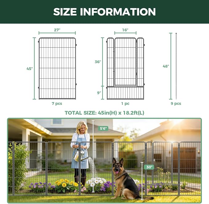 FXW Garden Fence Outdoor for the Yard – 45in(H) x 18.2ft(L) Heavy Duty Metal Animal Barrier for Dog, No Dig Decorative Dog Fence, 8 Panels, Silver