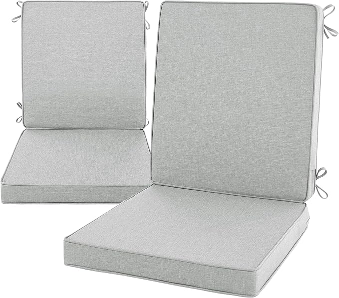 Outdoor Chair Cushions, Water-Resistant & Fade-Resistant, Patio Furniture Lawn Dining Chair Seat Replacement with Mid Back, Ties Zipper, Removable Cover, 18 x 16.5 Inch, Set of 2, Light Grey