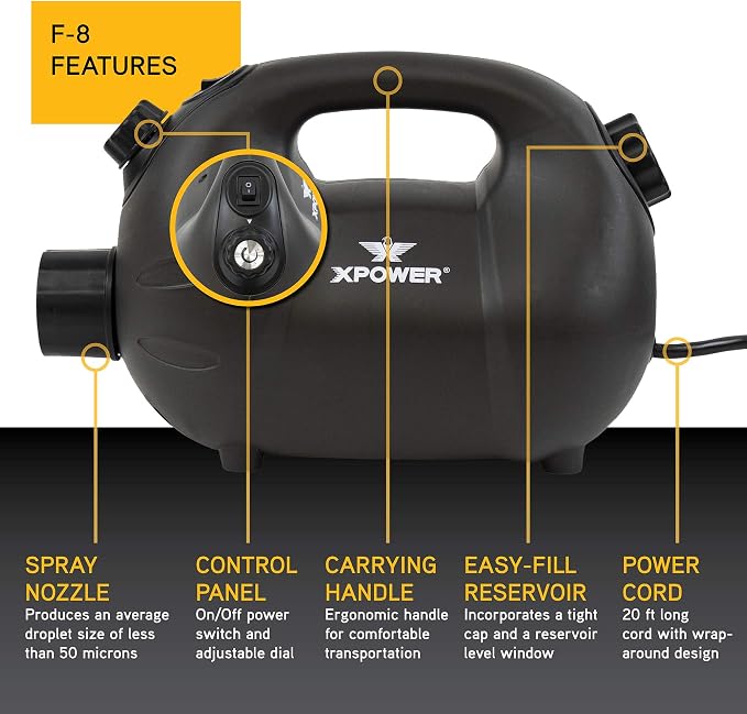 XPOWER F-8 ULV Cold Fogger, Mist Blower, and Sprayer for Cleaning, Disinfecting, Pest Control and Odor Elimination, 20+ Ft. Spray Distance, 0.8 L Tank Capacity