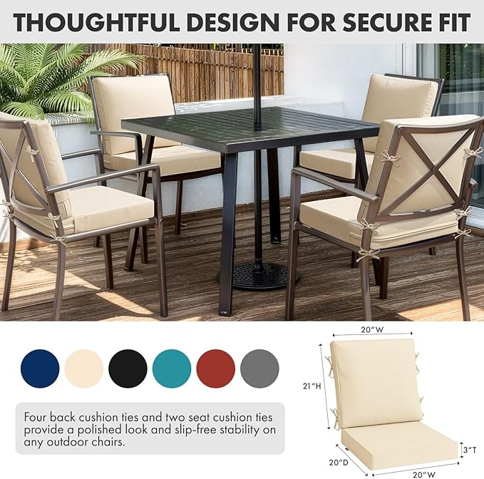 MIULEE Beige Outdoor Dining Cushion 20x20 Inch Waterproof & 3 Year Color Fastness Deep Seat and Back Cushion for Patio Furniture Chair with Ties
