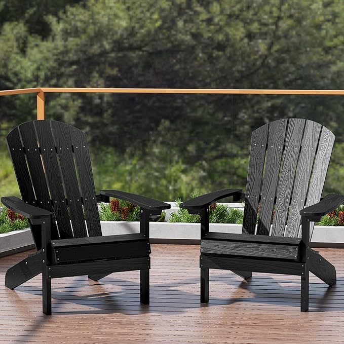 YEFU Adirondack Chairs Set of 2: Outdoor Chair HIPS Plastic Adirondack Chairs - Patio Chairs with Wood Texture - Lawn Fire Pit Deck Porch Garden Chairs for Adults (Black)